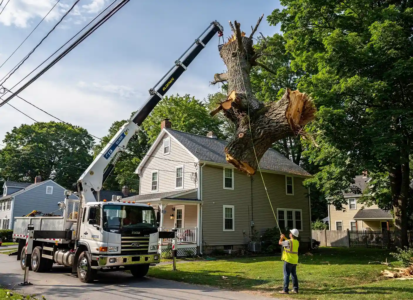 Crane lifting a large tree section over the roofline of a house