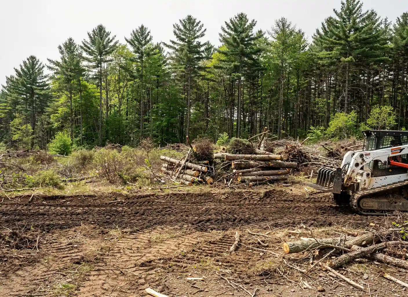 Tracked loader with a tree grapple stacking brush on a cleared lot