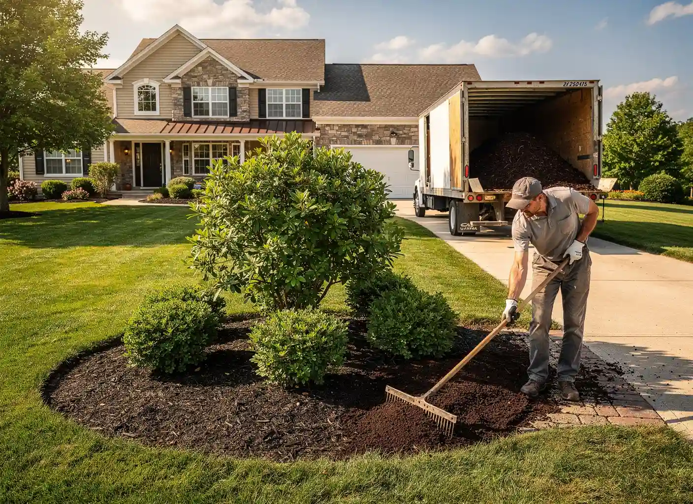 Fresh dark mulch bed being installed around shrubs in a landscaped yard