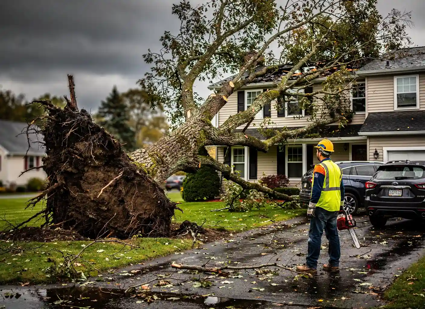 Uprooted tree fallen across a driveway and leaning on a house after a storm
