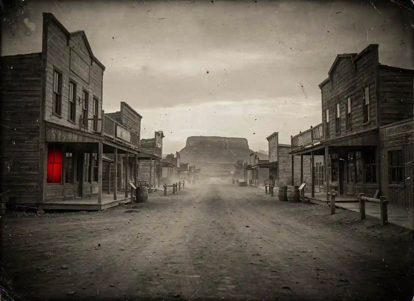 Old West portfolio website preview - sepia frontier main street at dusk