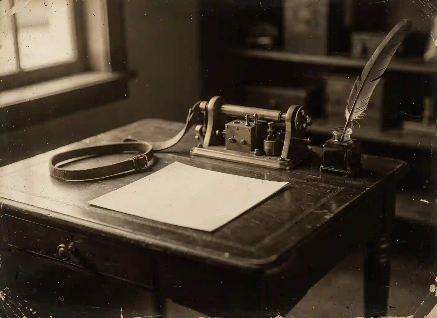 An antique telegraph office desk with a blank telegram form, brass telegraph key, sounder box and inkwell.