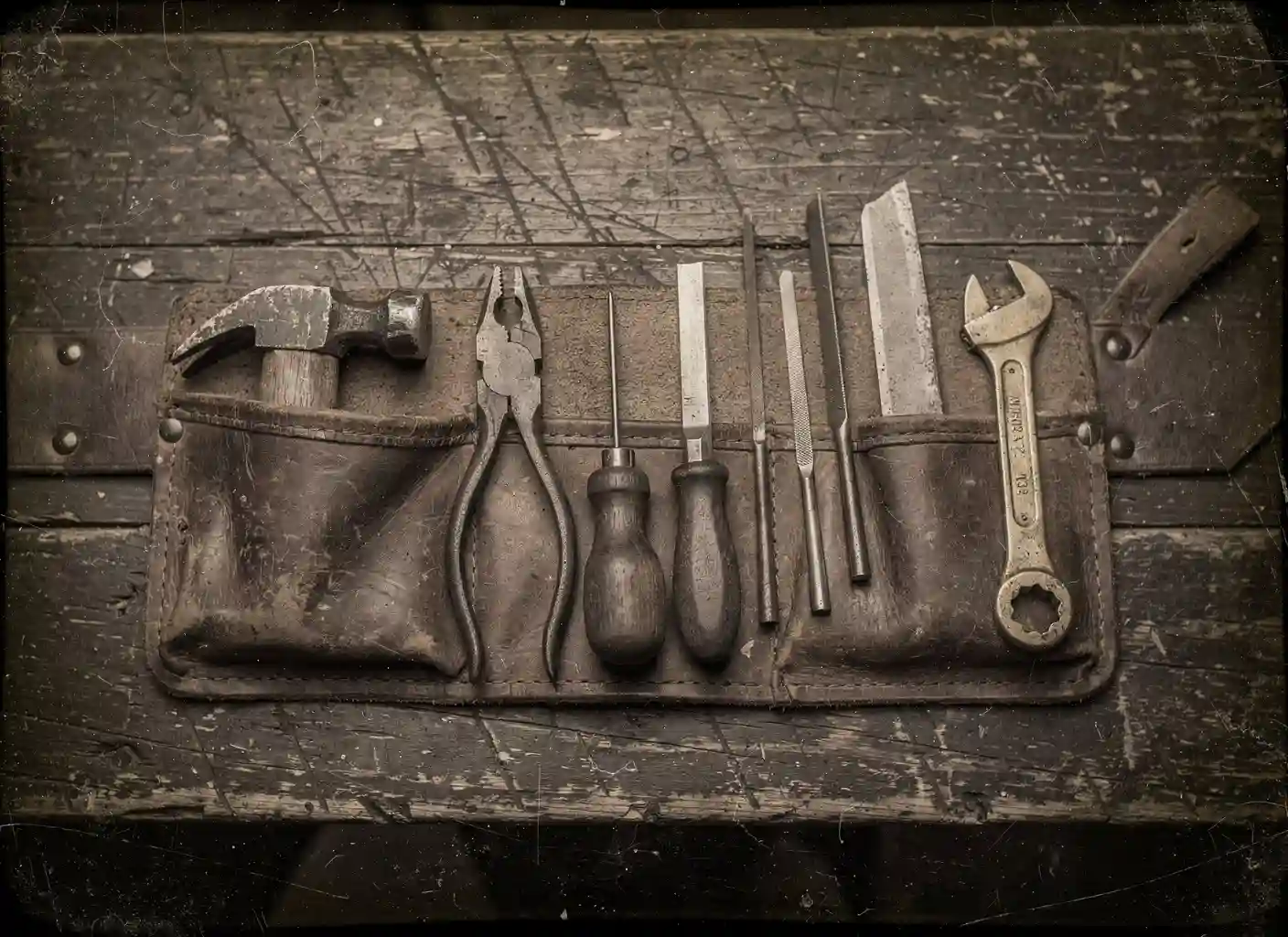 A worn leather tool belt laid flat, loops holding a hammer, pliers, awl, file, chisel and brass wrench.