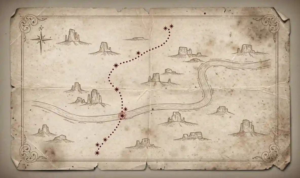 Aged hand-drawn cattle-trail map on sepia parchment: a dotted barn-red route line climbing past hatched buttes and a winding river, marked with star-shaped stop markers and a compass rose.