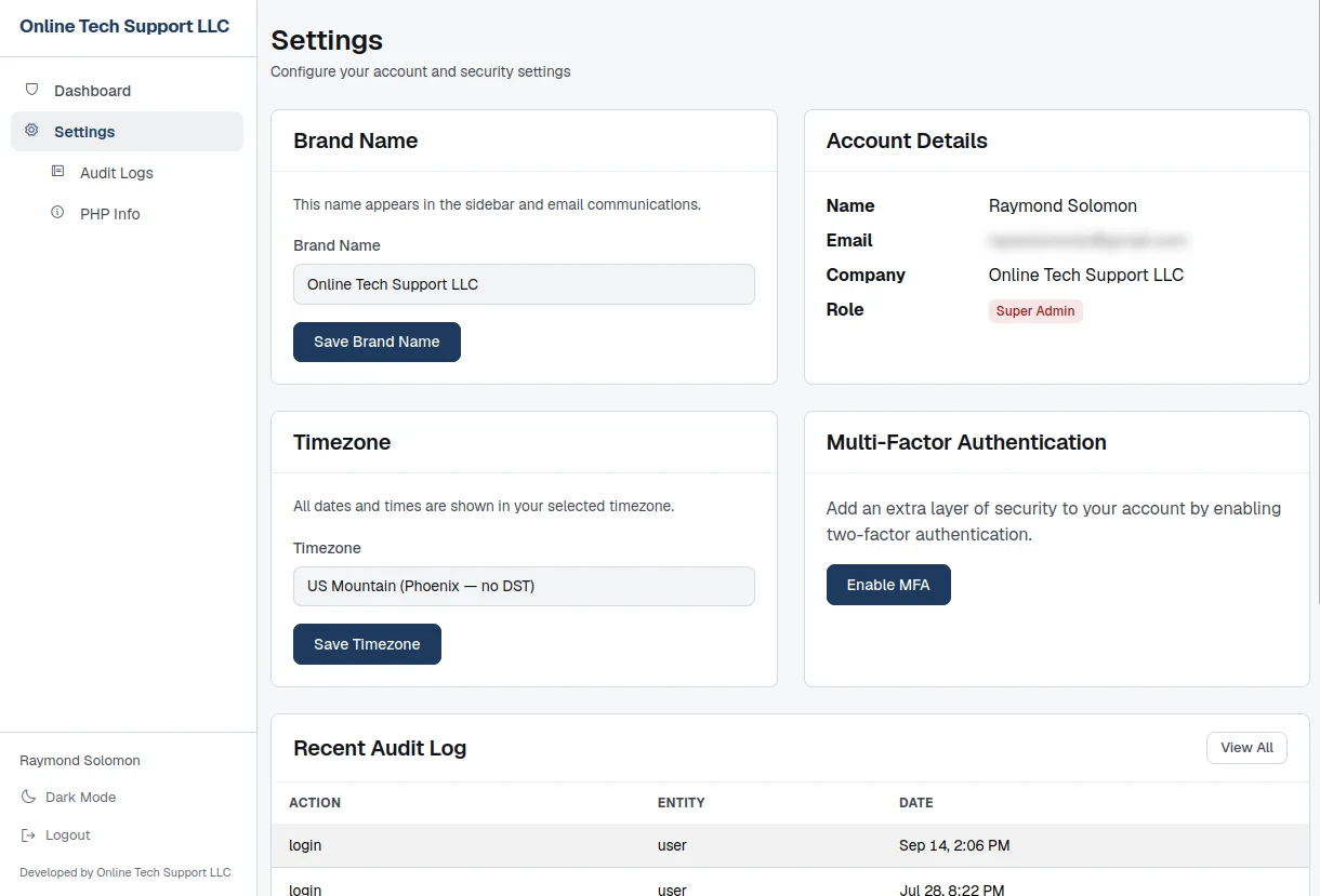 Admin settings with brand name, account details showing a Super Admin role badge, timezone, MFA and a recent audit log table