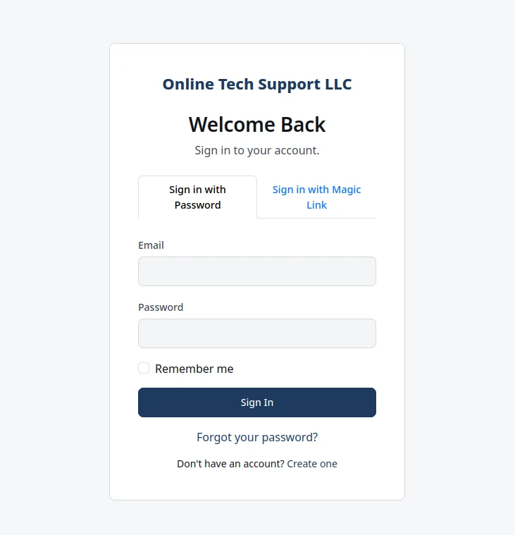 Login page with tabs for signing in with a password or a magic link, remember-me checkbox and reset link