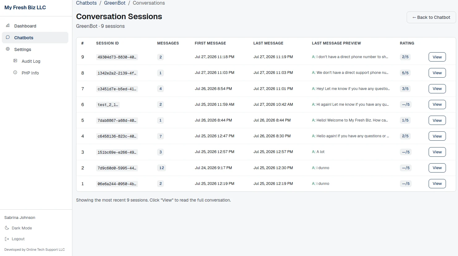 Conversation sessions table with session id, message counts, timestamps, answer previews and star ratings