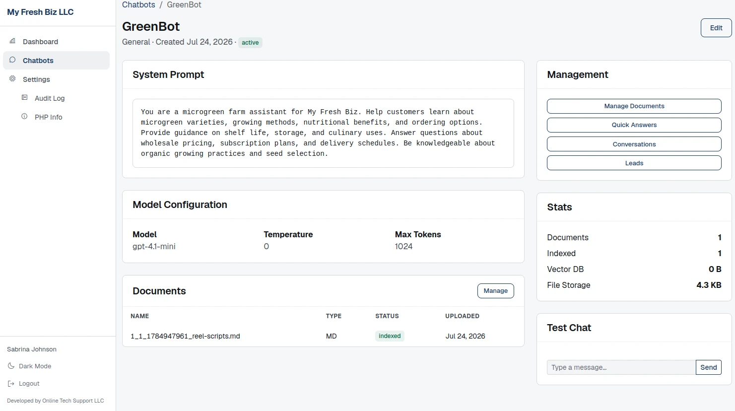 Chatbot detail page with system prompt, model configuration, indexed documents, management, stats and test chat panels