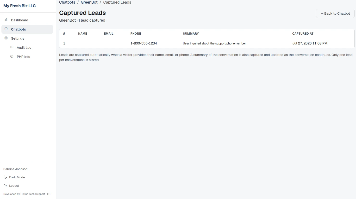 Captured leads table with columns for name, email, phone, AI conversation summary and capture time