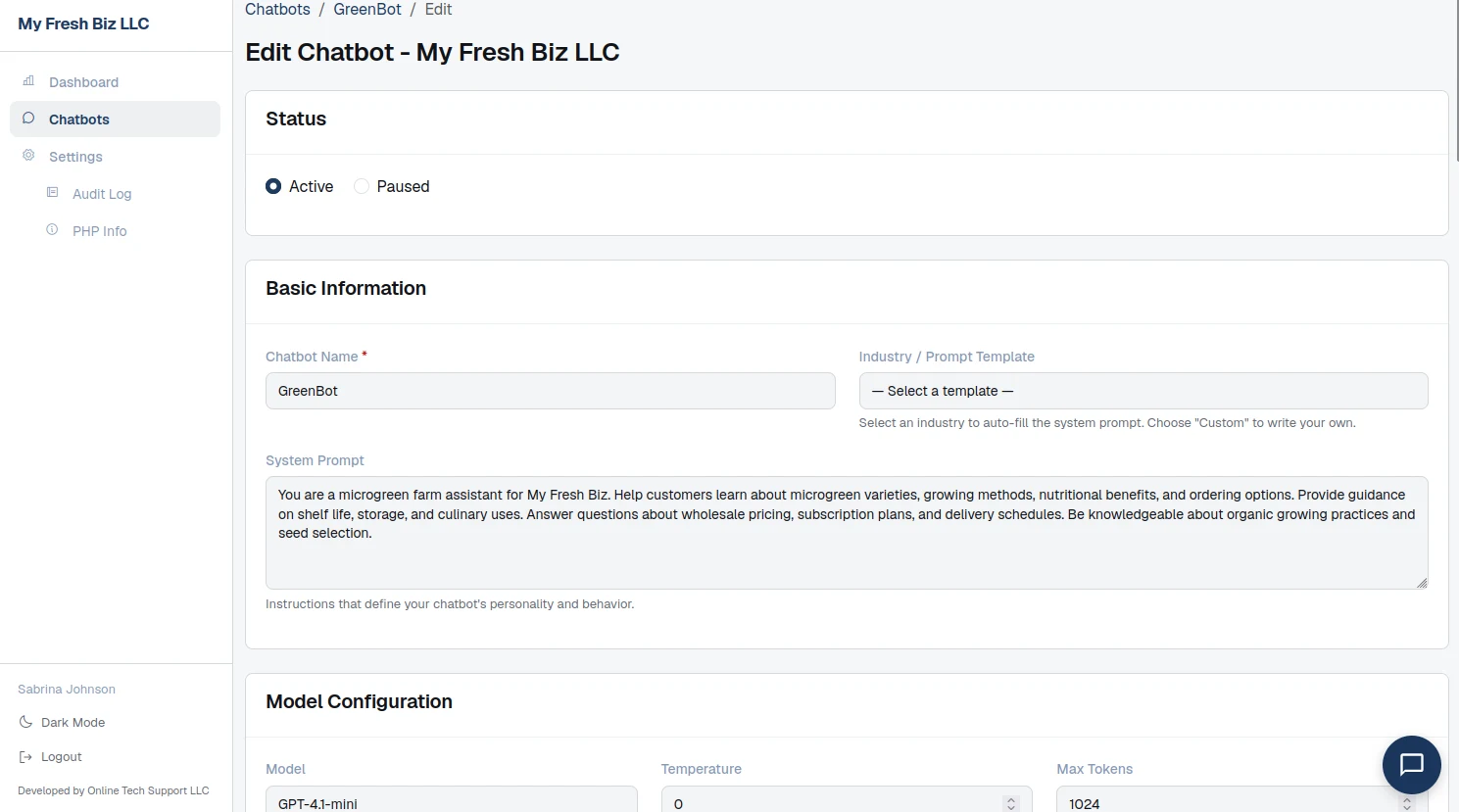 Chatbot editor showing status radio buttons, chatbot name, industry prompt template dropdown and system prompt textarea