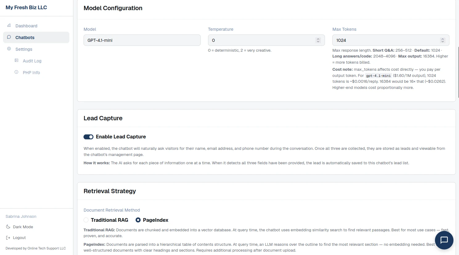 Model configuration for model, temperature and max tokens, lead capture toggle, and retrieval strategy radios