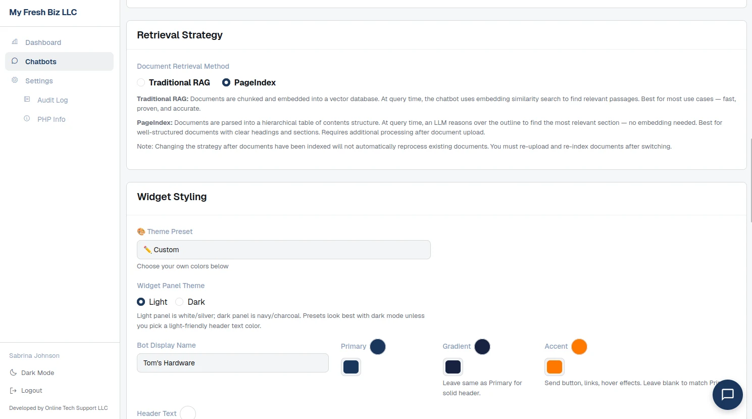 Retrieval strategy radios comparing traditional RAG with PageIndex, above the start of the widget styling card
