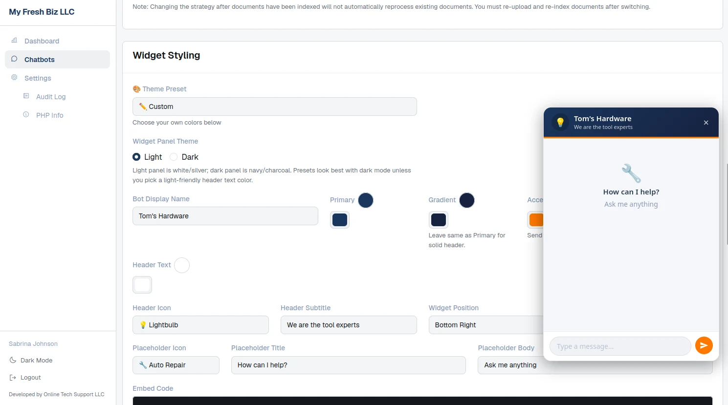 Widget styling form with theme preset, panel theme, bot name, colour pickers, header icon, position and placeholder text, beside a live preview of the chatbot panel