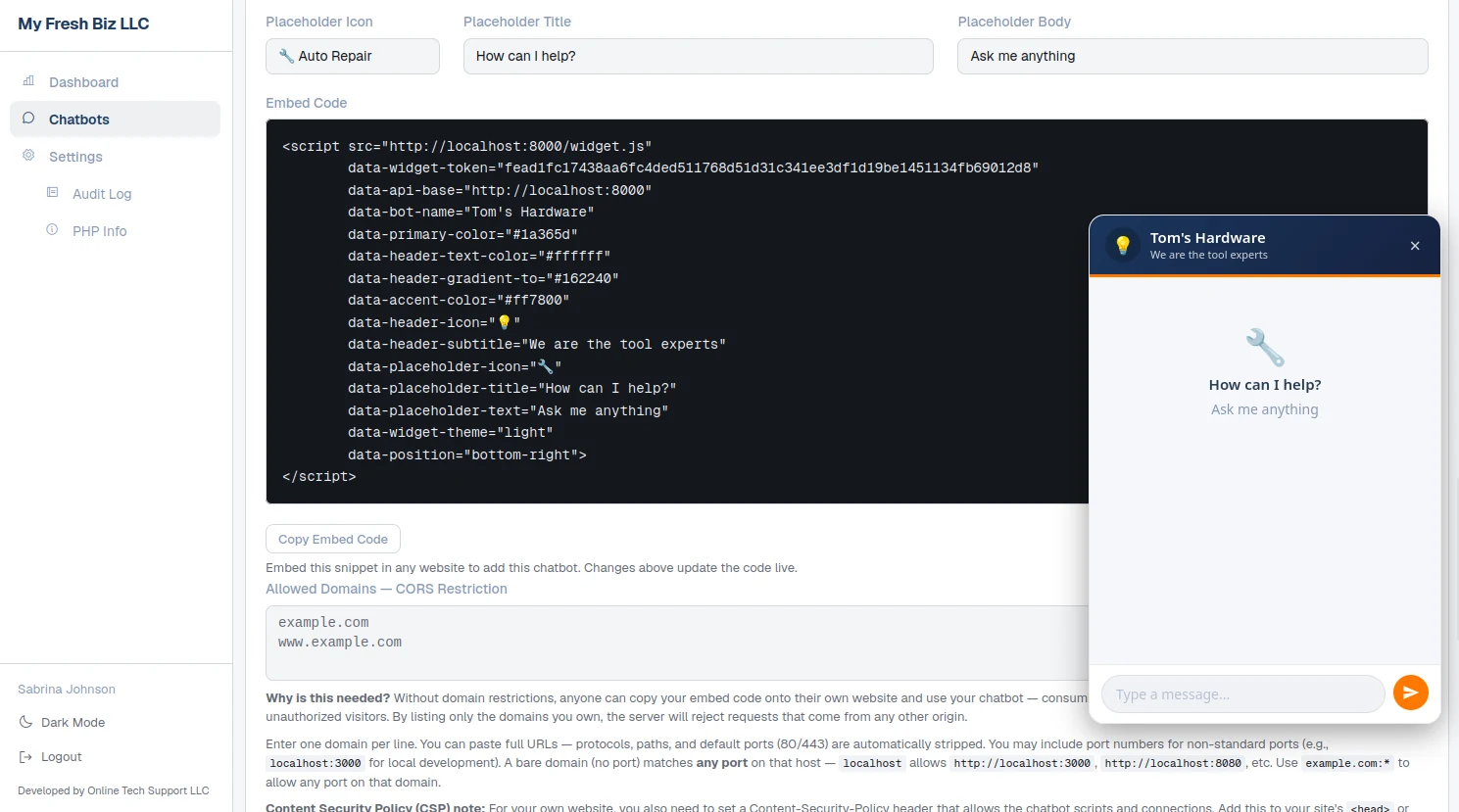 Generated embed code snippet with a copy button, above an allowed domains CORS restriction list