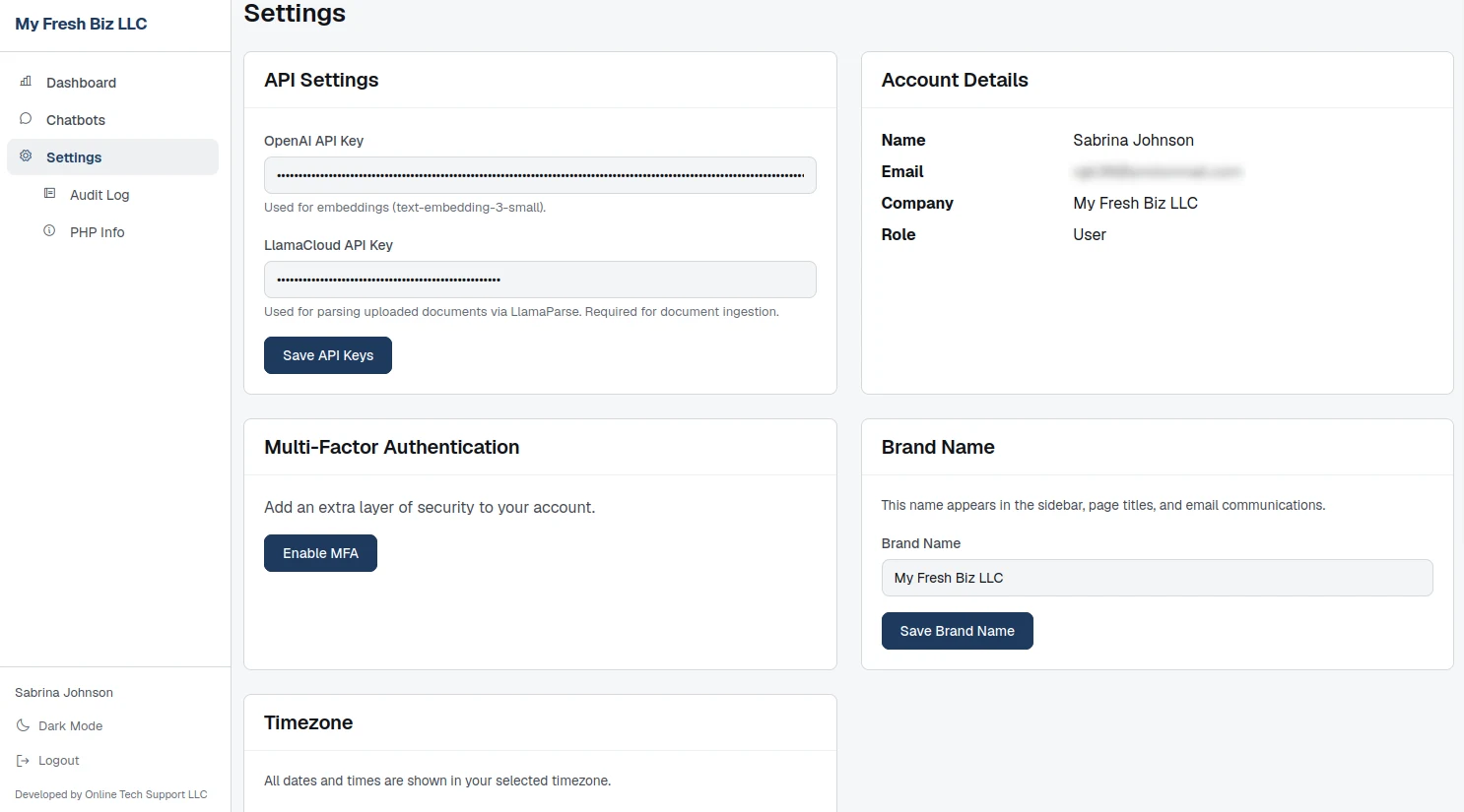 Settings page with API key fields for OpenAI and LlamaCloud, account details, MFA button, brand name and timezone