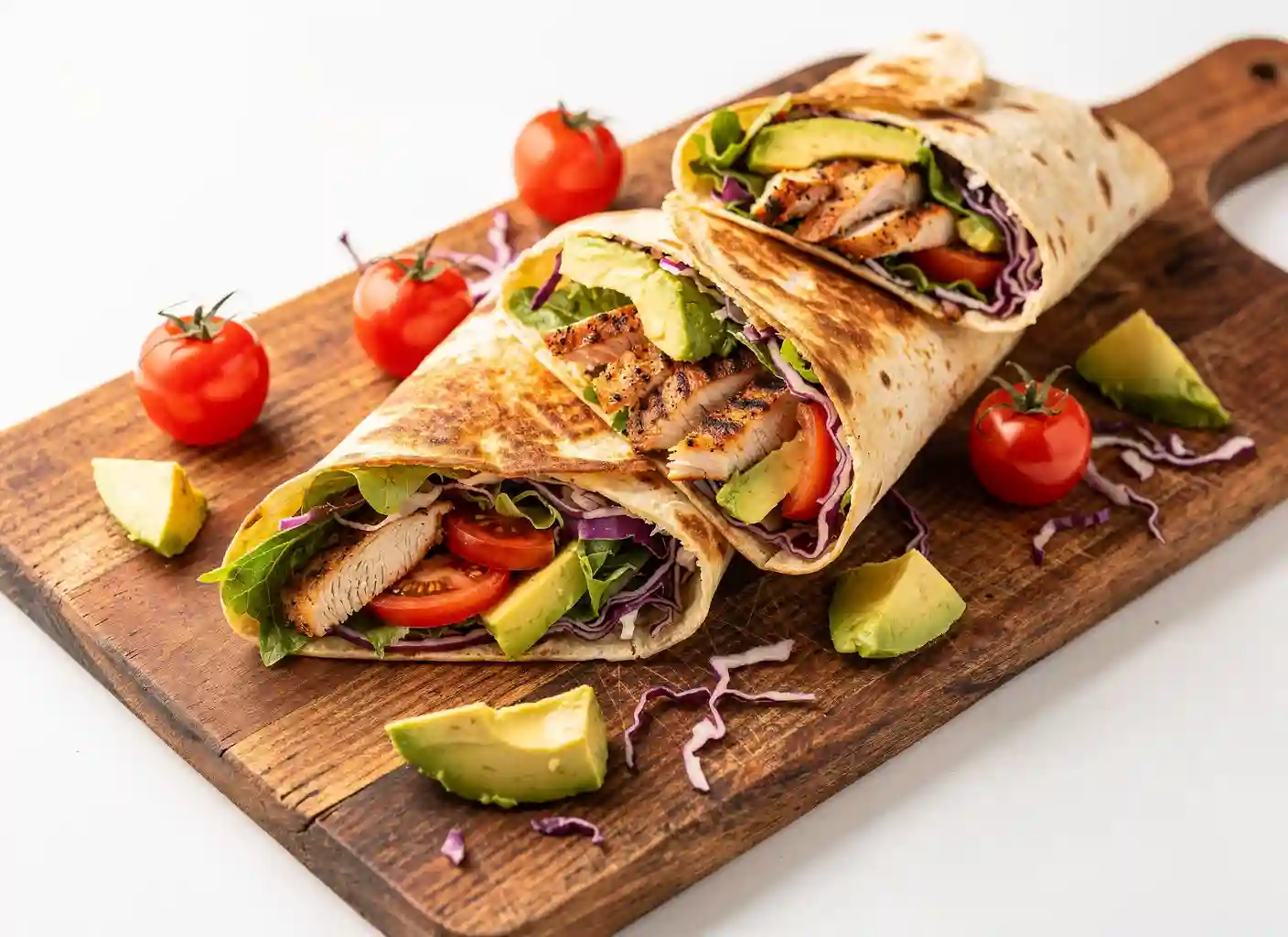 Grilled chicken wrap with avocado and greens