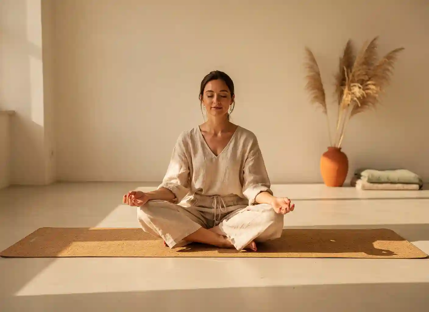 Guest sitting calmly on a mat inside the studio