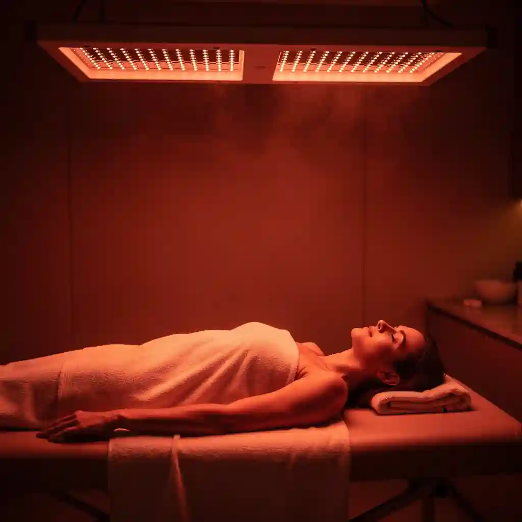 Person resting under red LED light panels
